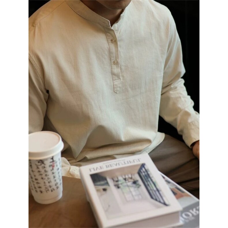 复古宽松老钱风亨利领长袖套头衬衫男轻熟百搭上衣W1021/P46降图片