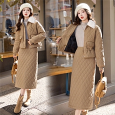 菱格羽绒服套装女秋冬高级感2025新款保暖带毛领套装裙两件套，女装套装/套裙，冬木谷雨