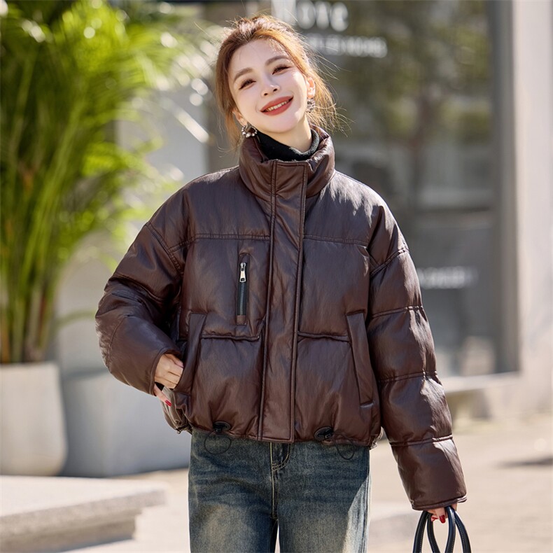 时尚短款PU皮立领羽绒服女2026冬季新款休闲保暖白鸭绒面包服外套,女装羽绒服,意芙