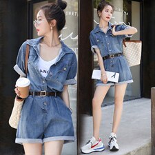 欧货洋气小个子炸街气质工装牛仔连体短裤女2025夏装炸街连衣裤潮，女装连体裤，钱塘布衣
