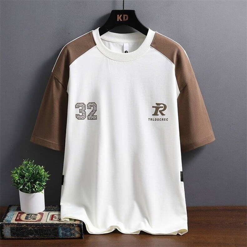 25160-P40夏季时尚休闲T恤男打底衫港风宽松圆领短袖T恤拼接潮牌，男装T恤，电商D310B-1