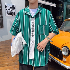 港风夏季条纹短袖衬衫宽松休闲BF风潮流衬衣CS02/，男装衬衫，电商D202