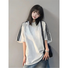 抖音得物高品质二开240克宽松纯棉美式潮牌三条杠织带短袖T恤，男装T恤，电商A486
