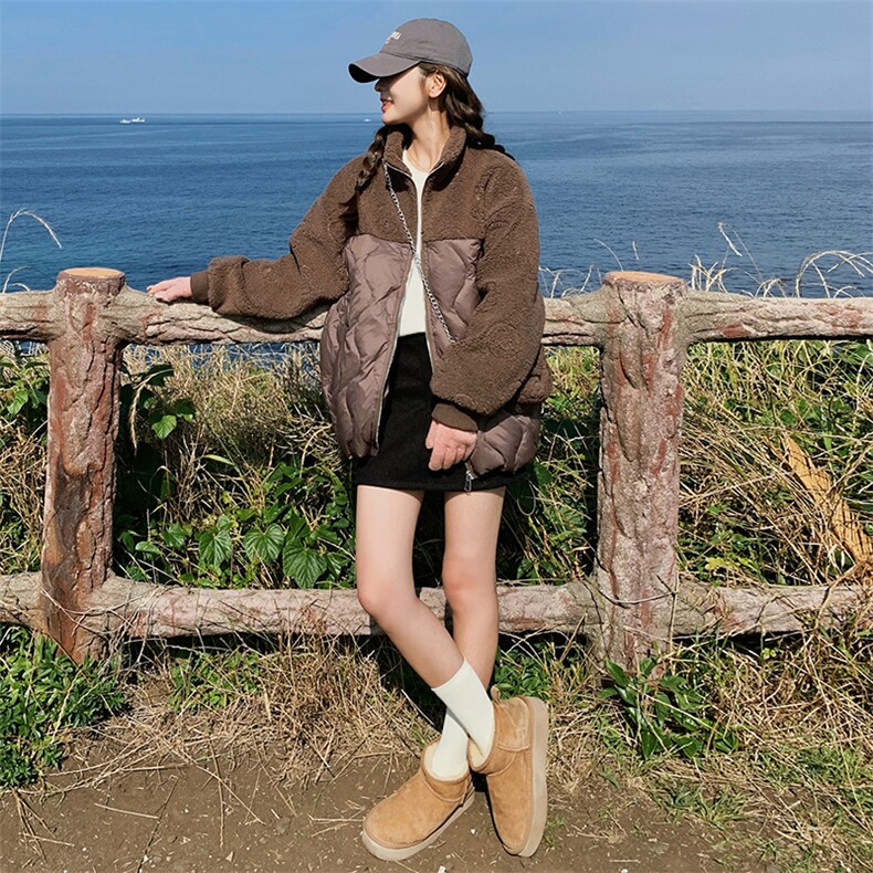 时尚咖色羊羔毛拼接保暖羽绒服女2025冬季新款显瘦加厚白鸭绒外套,女装羽绒服,慧尚2-185