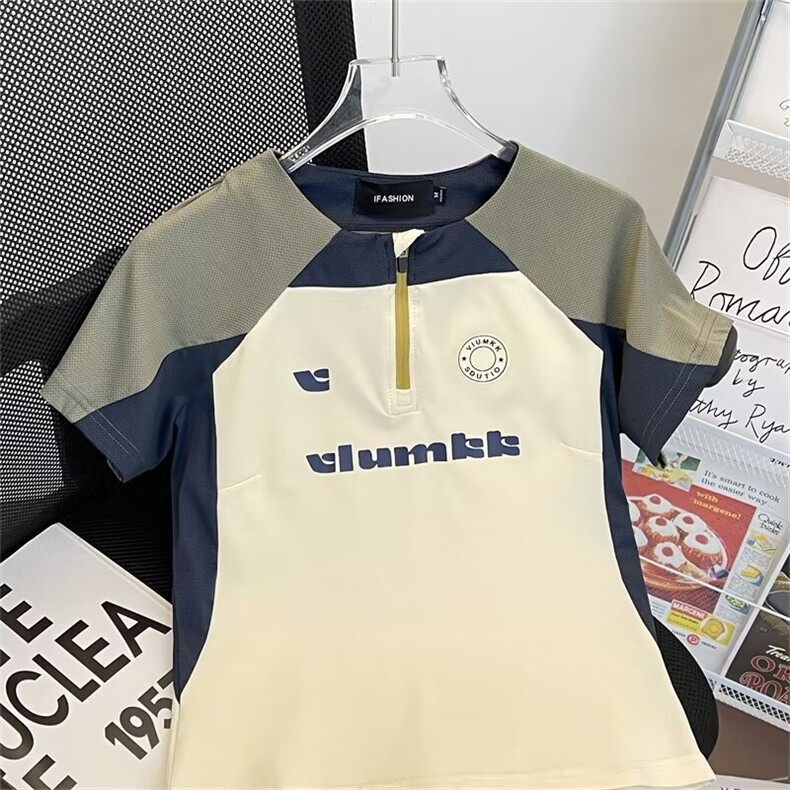 美式复古速干防晒骑行跑步运动服球衣短袖t恤男女撞色半拉链上衣,男装防晒衣,星座1013