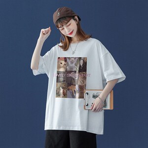 2023夏季新款潮流街头猫咪印花情侣宽松落肩短袖T恤T31P25控35,街头风穿搭微胖裙子图片