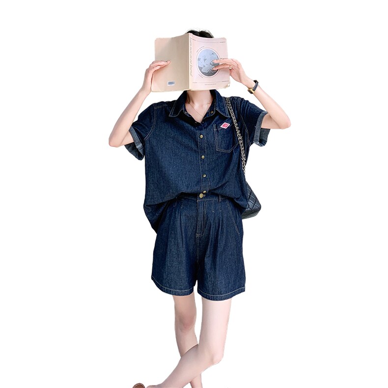 薄款牛仔衬衫短裤两件套装女夏显瘦遮肉美式小个子显高流行炸街,女装套装/套裙,2C262