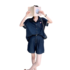 薄款牛仔衬衫短裤两件套装女夏显瘦遮肉美式小个子显高流行炸街，女装套装/套裙，2C262