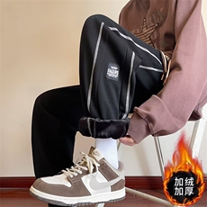 加绒加厚冬款男休闲卫裤条纹拼接贴标束脚长裤大码M-5XLH37P65，男装休闲裤，星座1013-1