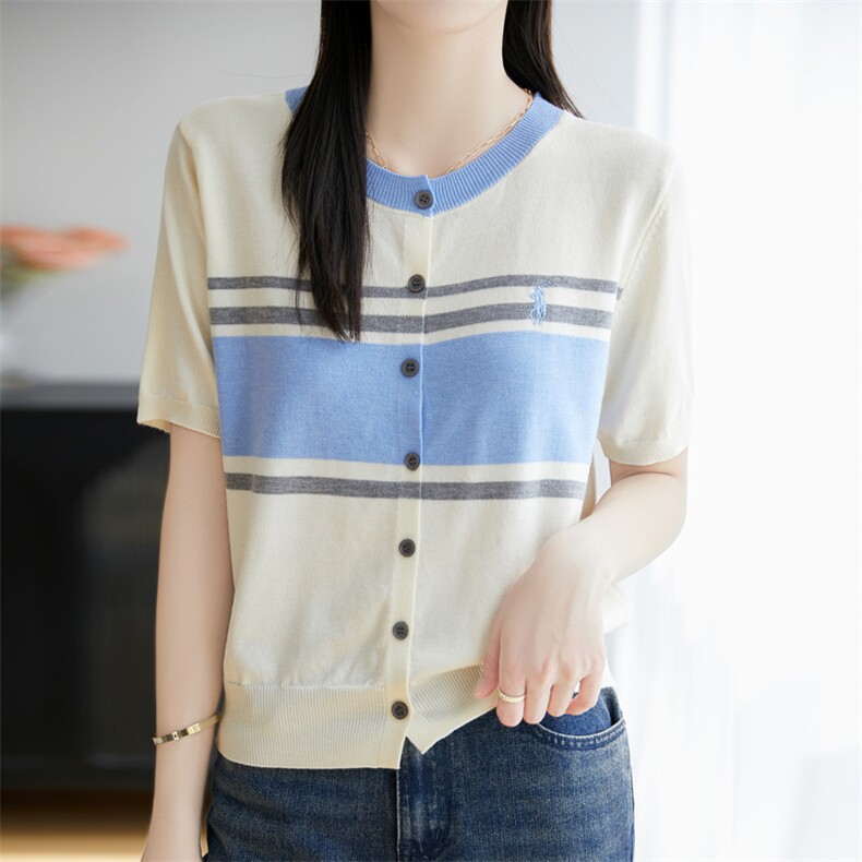 2025春季新款女士圆领刺绣撞色条纹细羊毛针织开衫宽松短袖上衣，女装蕾丝衫/雪纺衫，菲奥羊绒