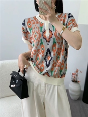 2025百搭时尚简约炫彩多色嵌花半开短袖，女装针织衫/毛衣，晨旭羊绒