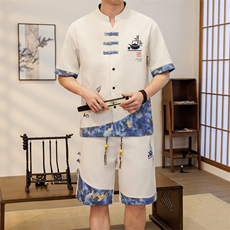 潮风套装男新中式短袖衬衫时尚休闲短裤两件套JZ307-P58，男装牛仔裤，星座310B-3
