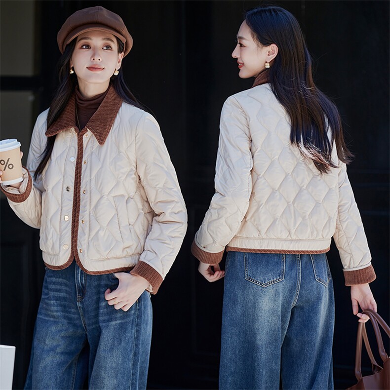 撞色翻领轻薄菱格短款羽绒服女2025冬季新款气质小香风白鸭绒外套,女装羽绒服,蝶眷