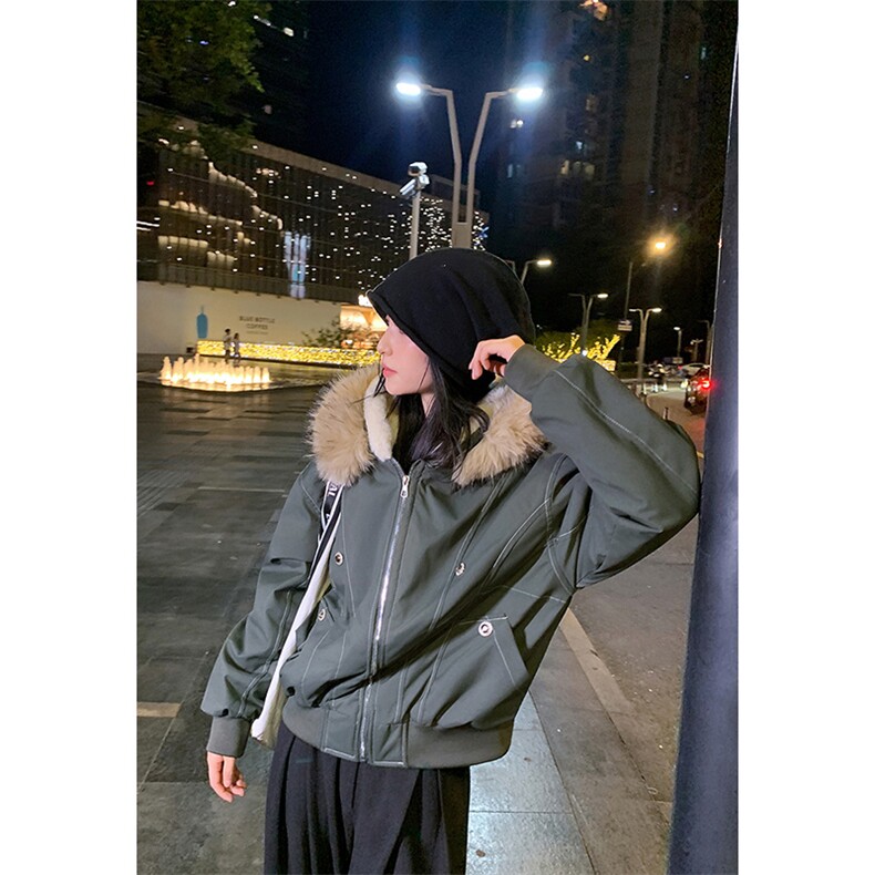 现货重磅boxy短款棉衣座山雕大毛毛领男女棉服水洗工装厚外套,男装棉衣,电商A486-1