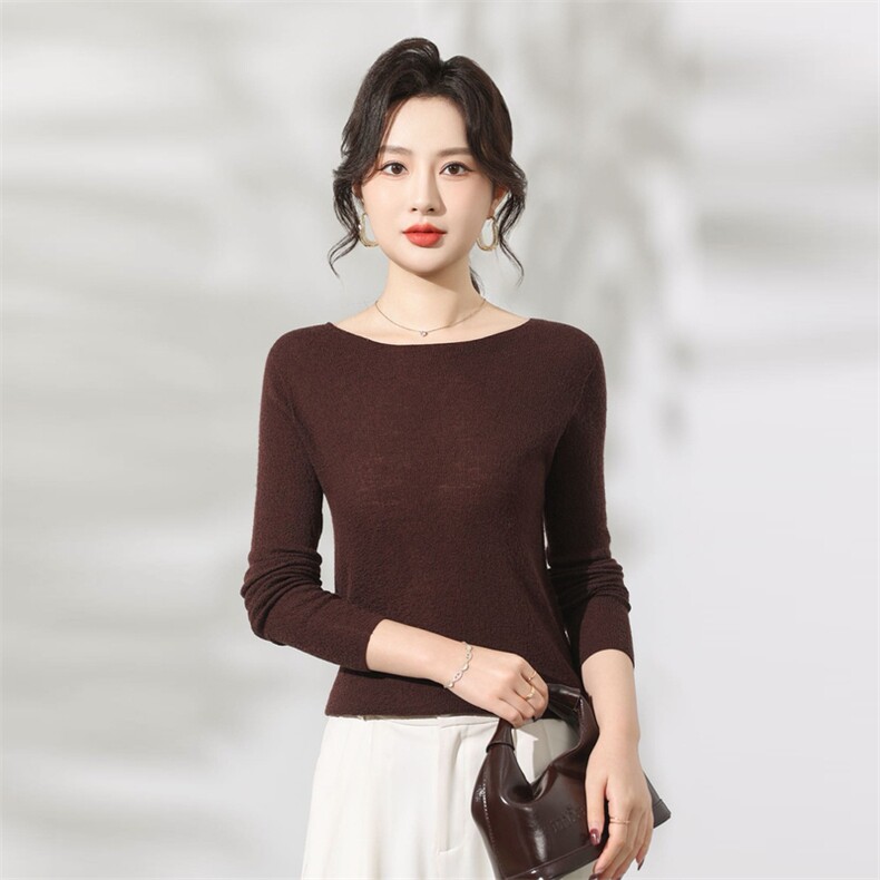 100%超细羊毛杨子纱肌理感树皮花一字领长袖，女装针织衫/毛衣，优麦羊绒（原洪叶羊绒）