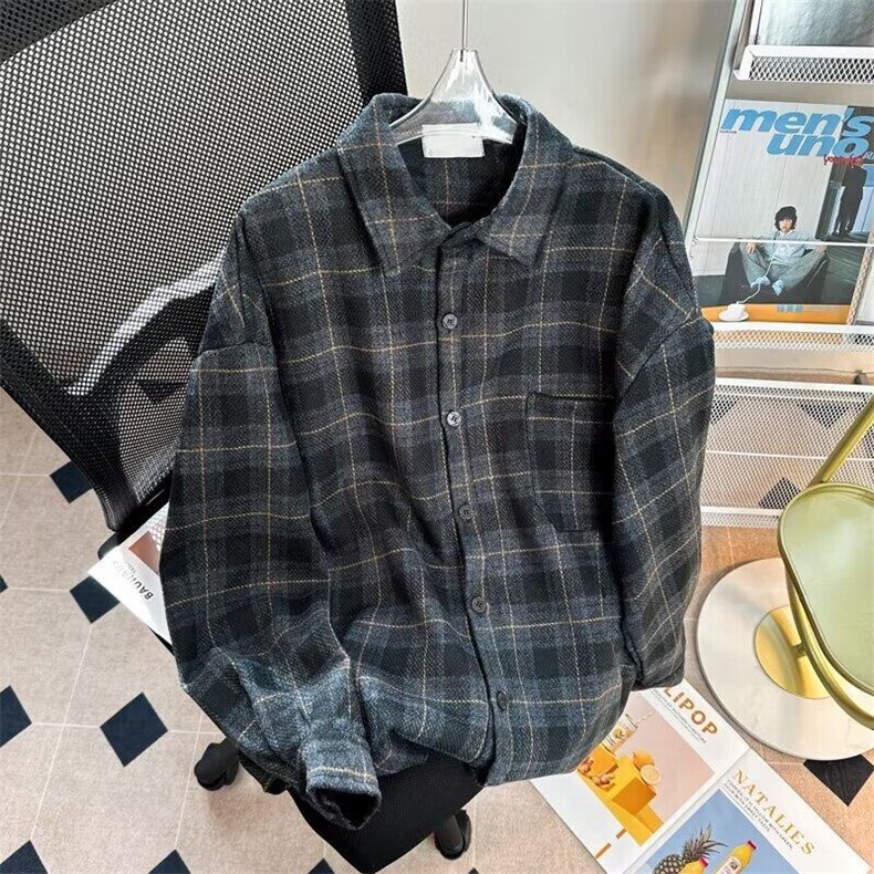日系复古格子衬衫男休闲外套长袖衬衣夹克潮牌男上衣服C0355-p55图片