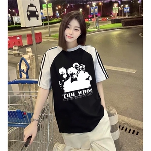 抖音得物品质二开240克宽松纯棉美式潮牌插肩三杠织带短袖T恤图片