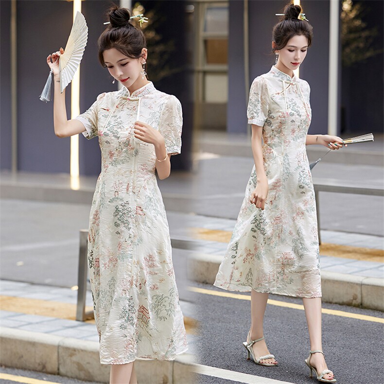 国风绣花欧根纱连衣裙女2024夏季新款新中式显瘦气质高级感旗袍裙,女装连衣裙,橙子家