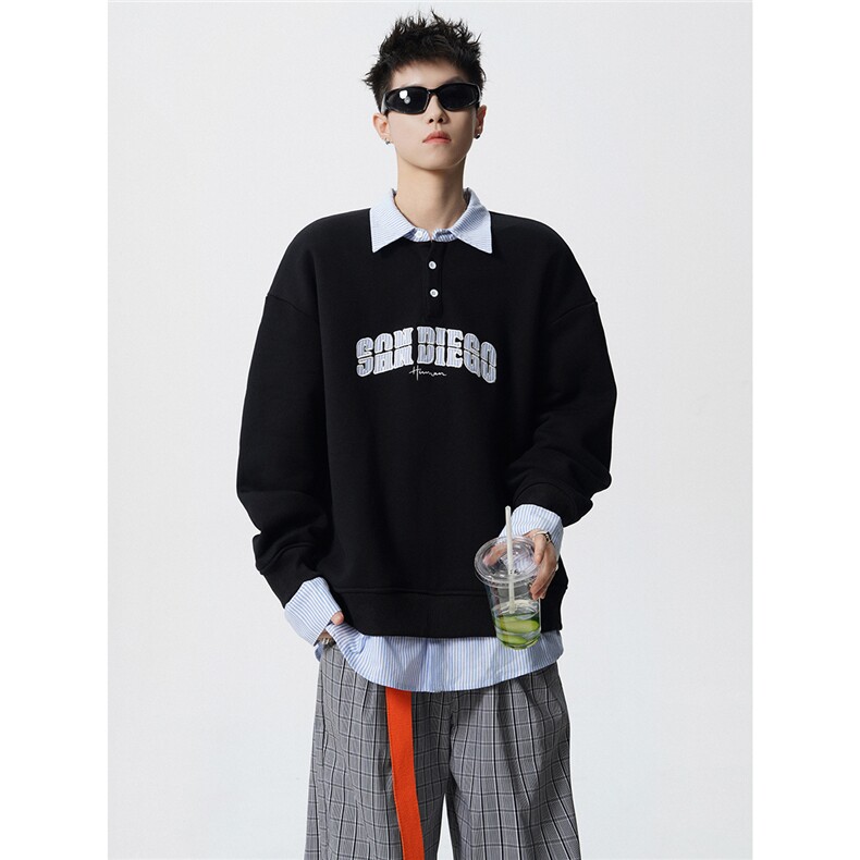 HW2545特P55控98面布54棉46聚酯假两件POLO情侣卫衣宽松外套男图片