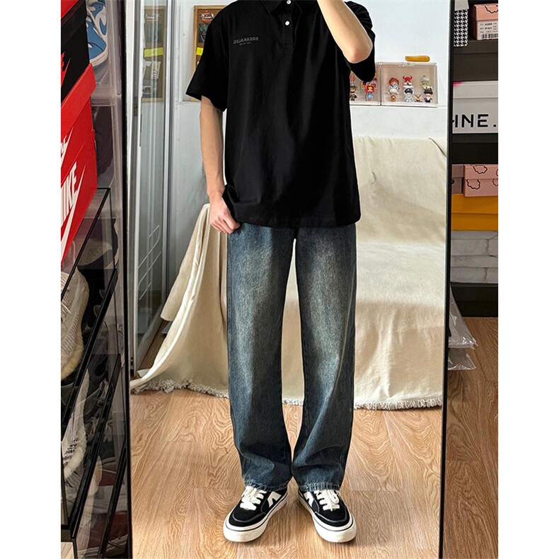美式高街复古牛仔裤男秋季水洗做旧宽松直筒微喇长裤WL741-P48,男装牛仔裤,星座1008