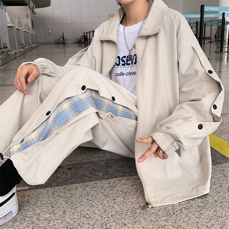 TZ8980/P95秋装新休闲运动格子撞色套装排扣裤子夹克两件套男，男装休闲套装，电商A141