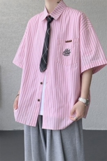 CS1132-特P48控78夏新大码刺绣短袖条纹衬衫男学院风（带领带），男装T恤，电商A059