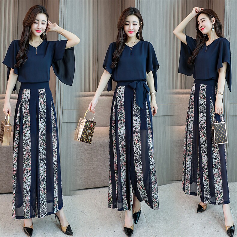 2022年夏季新款时尚气质上衣印花阔腿裤两件套套裤，女装套装/套裙，时尚俏佳人
