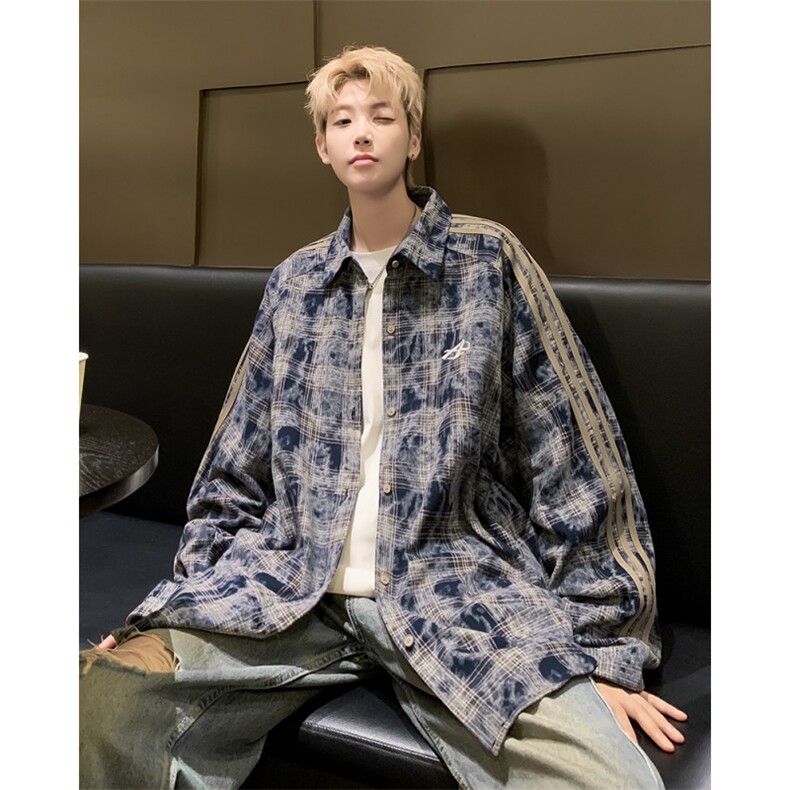 港风秋款男条纹格子衬衫三条杠条纹字母刺绣休闲衬衣CS166P45,男装衬衫,星座1013-1