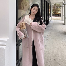 韩系甜美连帽双面羊毛大衣女2025秋冬季新款显瘦保暖长款呢子外套，女装毛呢外套，2C212