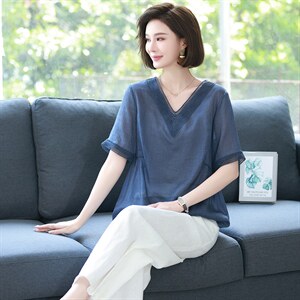夏季棉麻女上衣妈妈苎麻小衫2025年新款休闲宽松薄款减龄亚麻衬衫,机车皮衣搭配女发型图片