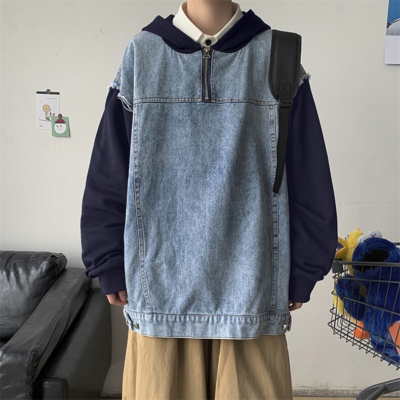 秋冬港风日系长袖卫衣拼接牛仔夹克连帽外套休闲学生潮H201/P70,男装夹克,钱塘713