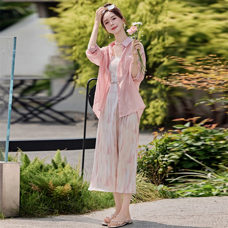 法式甜美天丝防晒裙女夏高级感粉色衬衫扎染吊带连衣裙,女装连衣裙,靓星雨