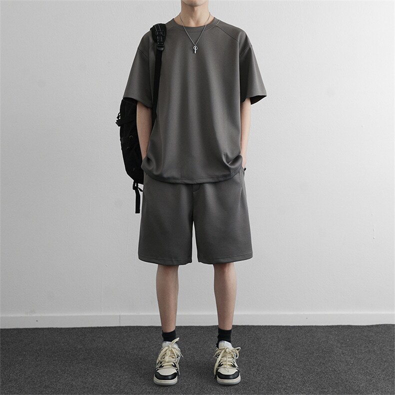 夏季纯色休闲运动套装潮流简约宽松情侣款短袖短裤两件套,男装牛仔裤,星座914