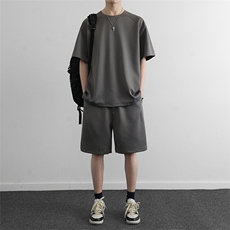 夏季纯色休闲运动套装潮流简约宽松情侣款短袖短裤两件套，男装牛仔裤，星座914