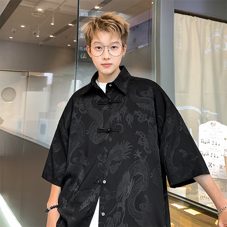 新中式冰丝提花衬衫短袖休闲港风上衣T恤XZ-907-TP35-控48,男装T恤,星座907