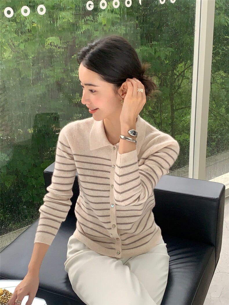 秋冬新款polo领女纽扣修身开衫保暖上衣针织衫图片