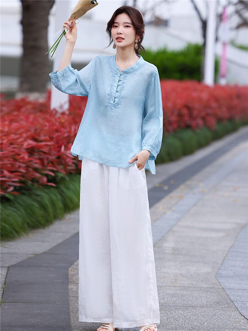 苎麻套装女夏2026新款宽松休闲时尚减龄棉麻阔腿裤两件套,女装套装/套裙,鑫源服饰