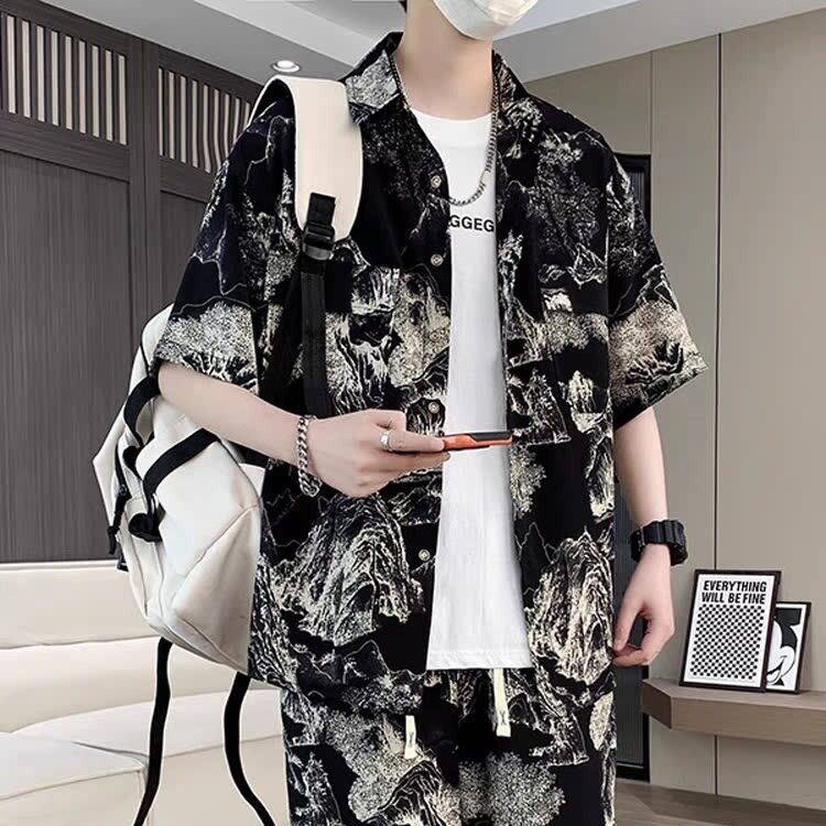 网络图现货  夏季大码新款碎花衬衫短裤两件套沙滩套装JF66-P55图片