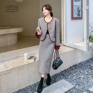 下单出货中! 秋冬人字纹拼色安可拉红小香风套装#99011-P195-K269图片
