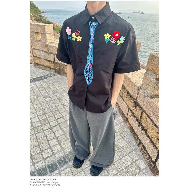 学院风花朵领带短袖衬衫黑色白色原版高质量,男装T恤,星座218-1（原230）