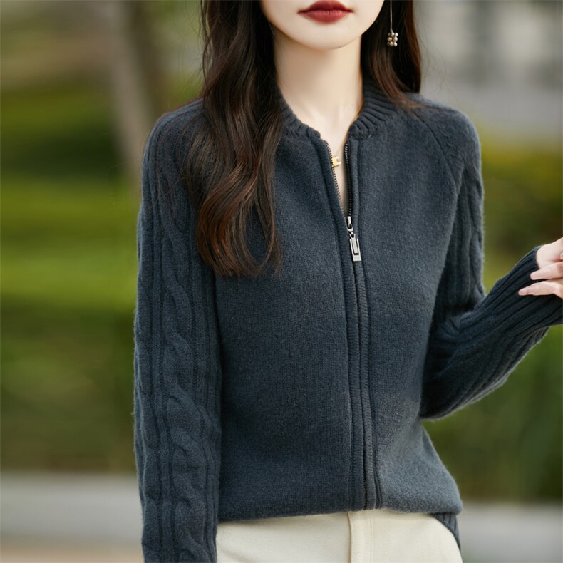 秋冬100%纯羊毛双拉链开衫女立领绞花针织外套宽松羊绒衫外搭毛衣,女装羊毛衫,忠诺羊绒