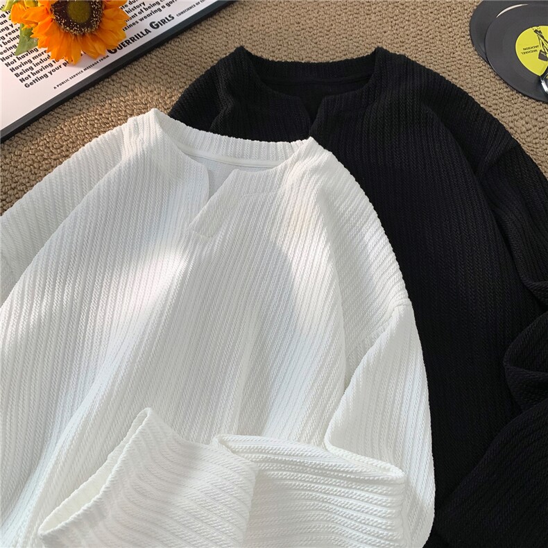 平铺肌理感小V领长袖T恤卫衣提花内搭中性打底衫上衣男女H991P38，男装T恤，电商A341