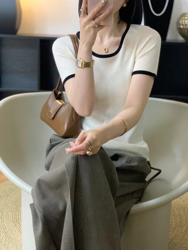 修身薄款拼色U领短袖针织衫女夏季气质百搭,针织衫/毛衣,圣旺供货