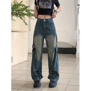 美式潮牌ins做旧水洗重工小众解构牛仔裤高街阔腿裤长裤80300-p65图片