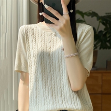 冰丝短袖t恤女夏季薄款新款宽松麻花内百搭针织打底衫女半袖上衣，女装针织衫/毛衣，萱芳婷羊绒