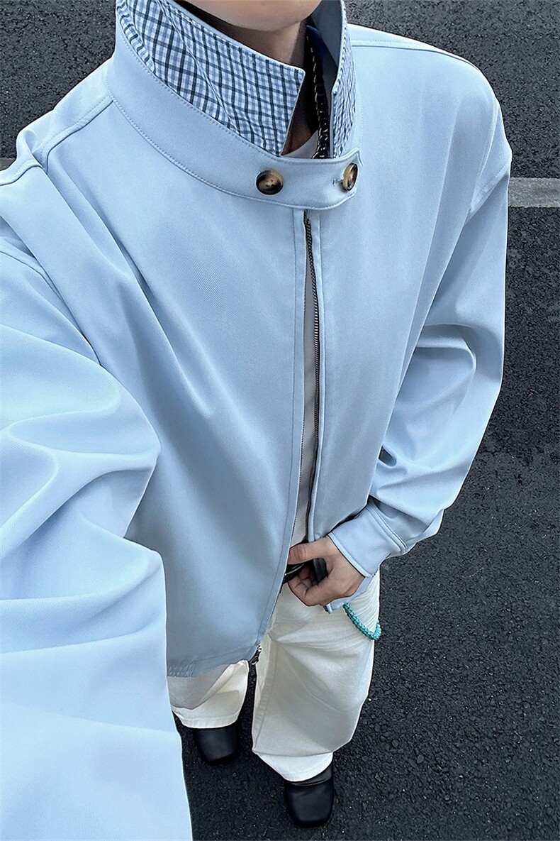 春季撞色格子立领搭扣夹克外套cleanfit美式男C61316-TP5598,男装夹克,电商A102
