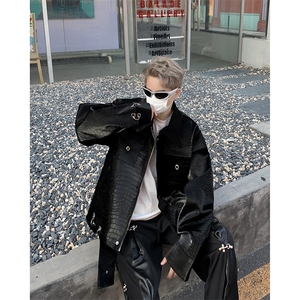 F214-P110高街潮牌宽松翻领机车夹克春季新款纯色PU皮衣外套男