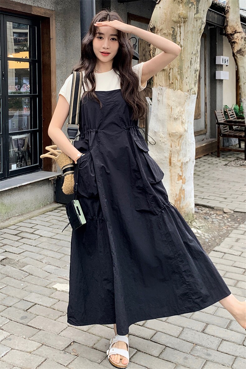 韩版休闲短袖黑色连衣裙套装女夏季2025新款宽松减龄吊带裙两件套,女装连衣裙,浙宝220
