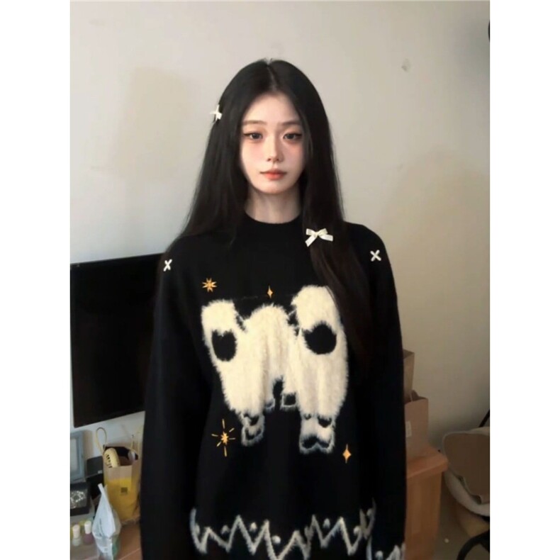 韩版潮流甜美趣味小羊提花黑色保暖毛衣女秋冬季新款宽松针织衫潮图片