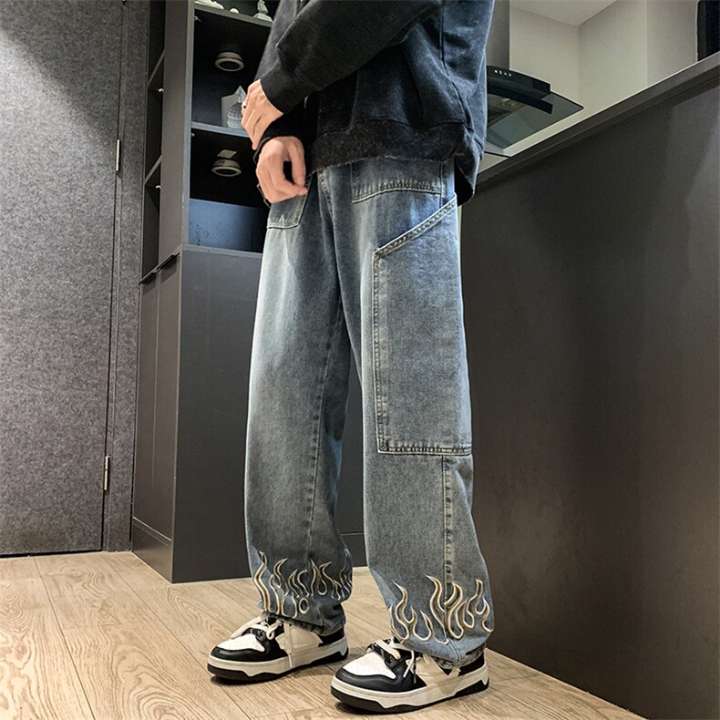 秋款男牛仔裤工装大口袋火焰刺绣直筒长裤NK8022P50,男装牛仔裤,星座1013-1